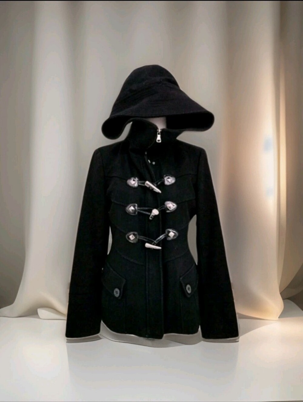 Guess SzM Black Hooded Toggle PeaCoat w/Fake Pockets Blackmetalic a Like Buttons